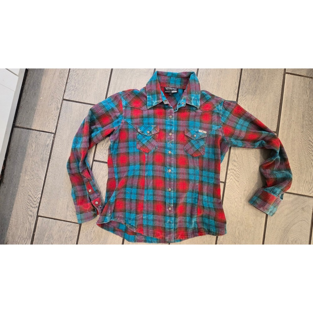 Powder River Outfitters Panhandle Teal Red Plaid Western Flannel Snap Shirt L
